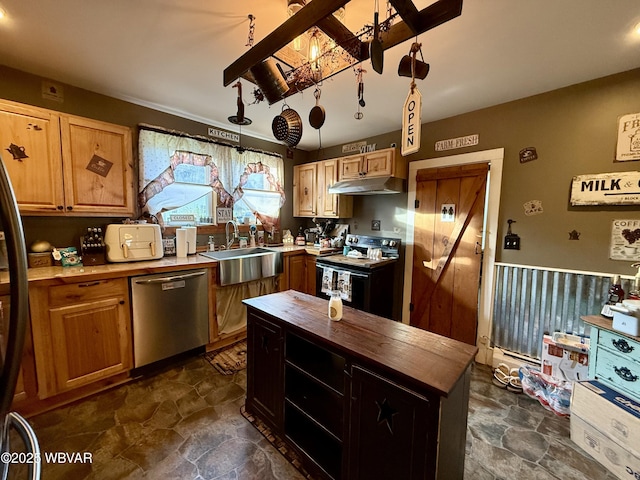 kitchen with butcher block countertops, black electric range, stone finish floor, dishwasher, and under cabinet range hood