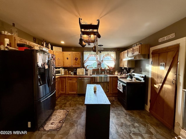 kitchen featuring stainless steel dishwasher, black range with electric cooktop, white microwave, fridge with ice dispenser, and light countertops