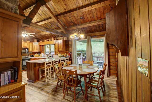 1640 Pleasant Valley Rd, Cogan Station, PA 17728 - dining space featuring wooden walls, wooden ceiling, light wood finished floors, a chandelier, and a ceiling fan