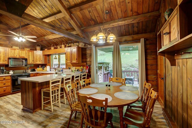 1640 Pleasant Valley Rd, Cogan Station, PA 17728 - dining space with wood ceiling, light wood-type flooring, wooden walls, a chandelier, and a ceiling fan