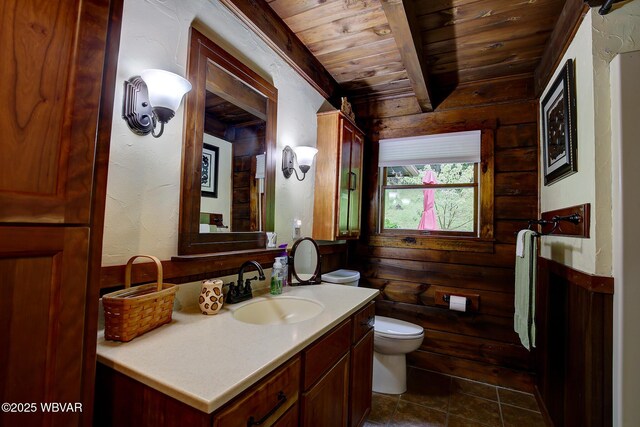 1640 Pleasant Valley Rd, Cogan Station, PA 17728 - bathroom featuring wooden ceiling with exposed beams, toilet, wood walls, and vanity