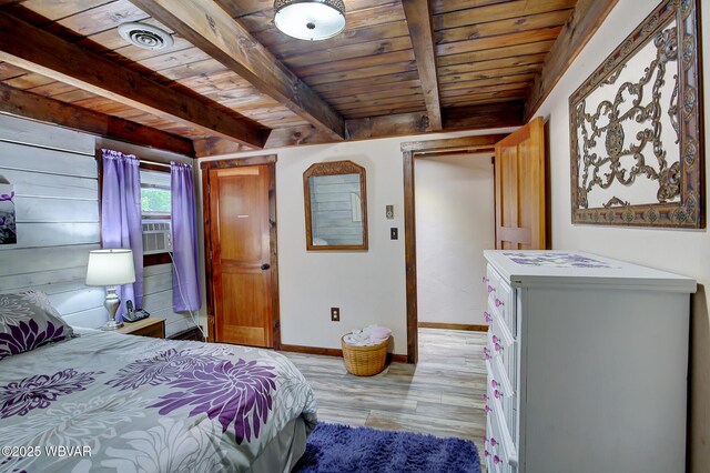 1640 Pleasant Valley Rd, Cogan Station, PA 17728 - bedroom featuring wood ceiling with exposed beams, light wood-style flooring, baseboards, and cooling unit