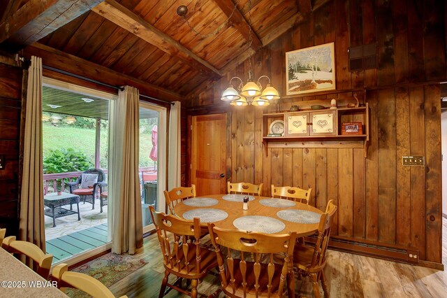 1640 Pleasant Valley Rd, Cogan Station, PA 17728 - dining space with wooden walls, a baseboard heating unit, wood ceiling, light wood-style floors, and a chandelier