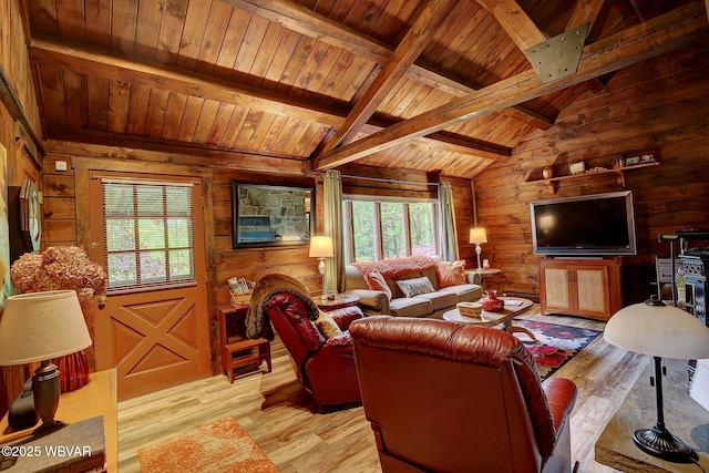 1640 Pleasant Valley Rd, Cogan Station, PA 17728 - living room with wooden ceiling, wooden walls, and light wood finished floors