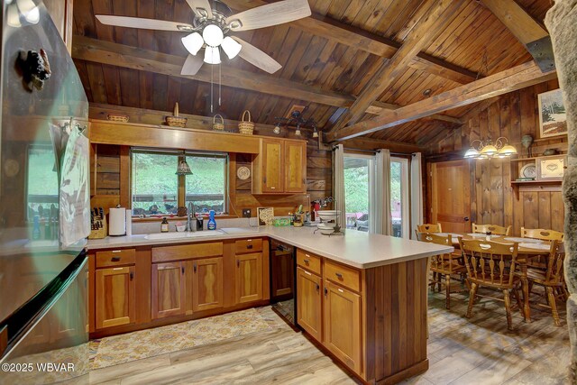 1640 Pleasant Valley Rd, Cogan Station, PA 17728 - kitchen featuring wooden ceiling, wooden walls, a peninsula, light wood-style flooring, and plenty of natural light