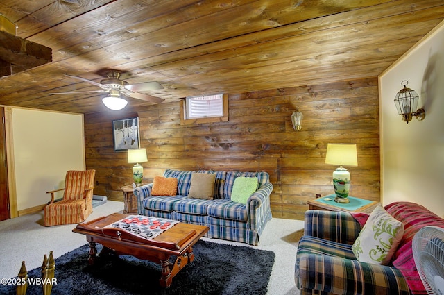 1640 Pleasant Valley Rd, Cogan Station, PA 17728 - carpeted living area with wooden ceiling, wooden walls, and ceiling fan