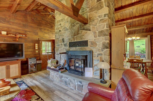 1640 Pleasant Valley Rd, Cogan Station, PA 17728 - living area with wooden ceiling, wood finished floors, wood walls, and a wood stove