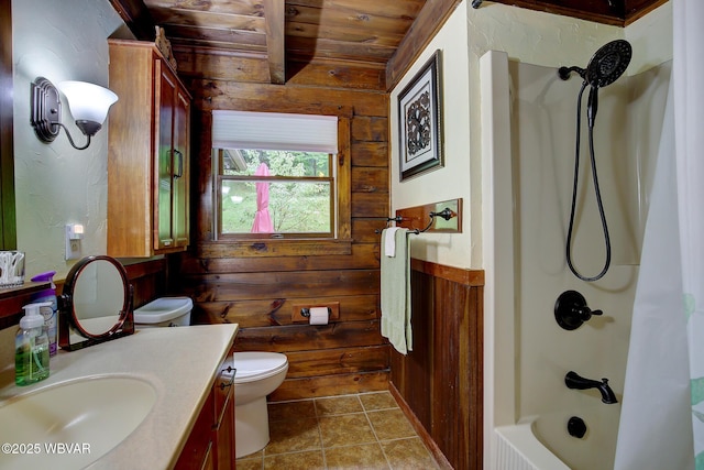 1640 Pleasant Valley Rd, Cogan Station, PA 17728 - full bath featuring wood walls, wooden ceiling with exposed beams, vanity, toilet, and shower / bath combo
