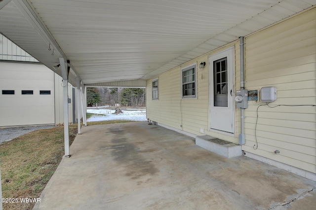 view of patio with a garage