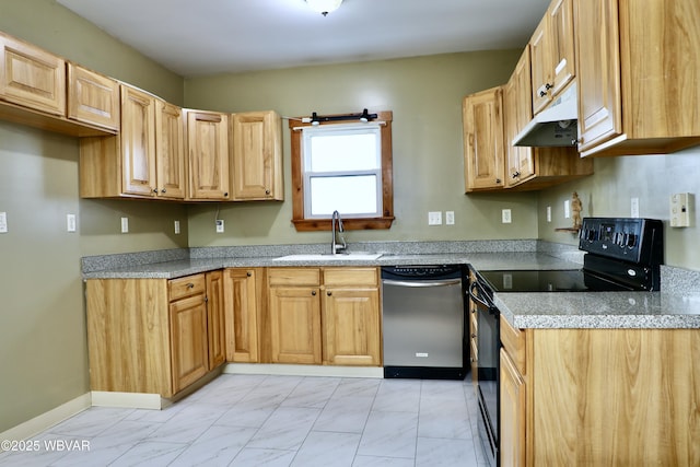 kitchen featuring black electric range oven, dishwasher, and sink