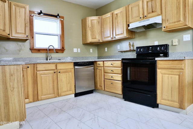 kitchen with stainless steel dishwasher, light brown cabinets, black / electric stove, and sink