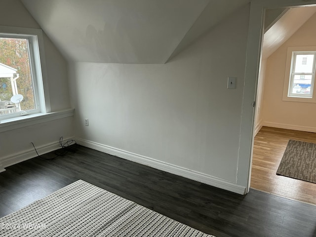 additional living space featuring dark hardwood / wood-style flooring and lofted ceiling