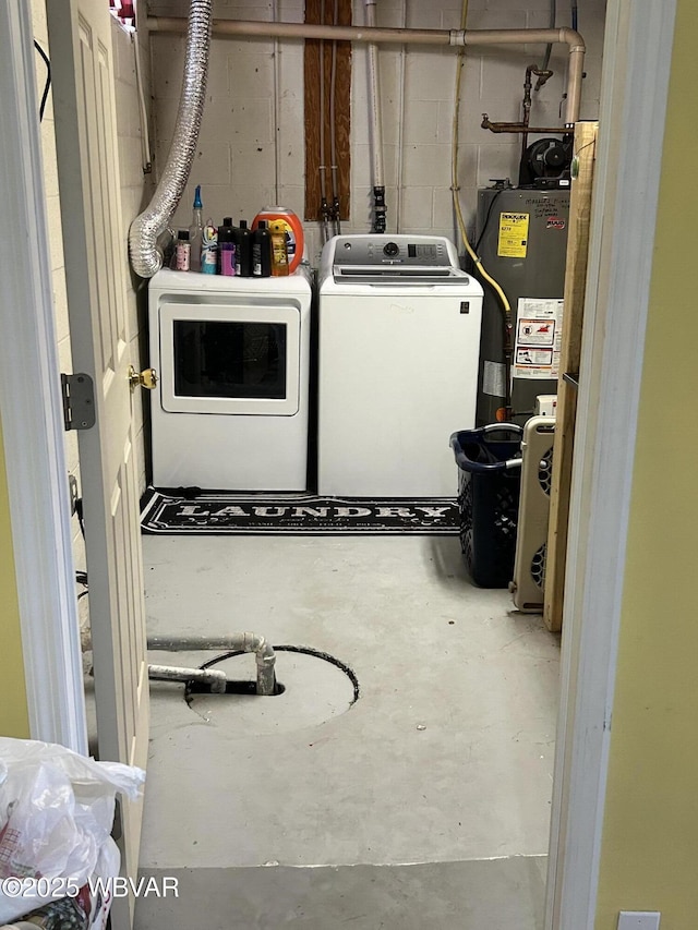 laundry area with water heater and washing machine and clothes dryer