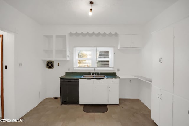 kitchen with black dishwasher, sink, and white cabinets