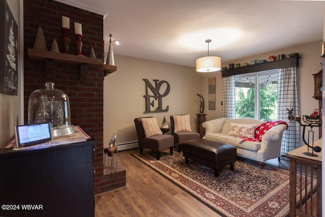 living room with baseboard heating and wood-type flooring