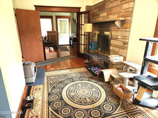 living area featuring wood finished floors and a fireplace