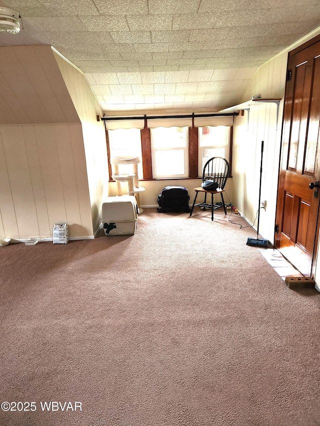 sitting room with carpet flooring and wood walls