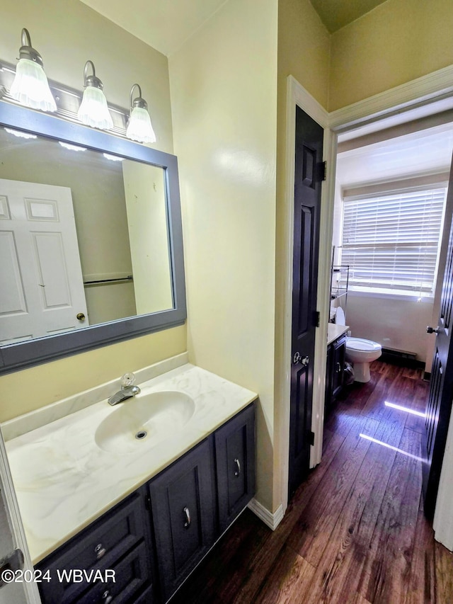 bathroom with hardwood / wood-style floors, vanity, and toilet