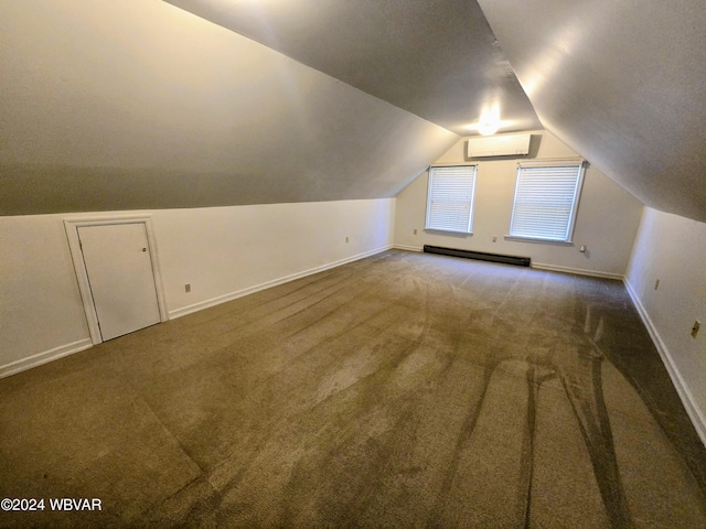 bonus room featuring a wall mounted air conditioner, carpet floors, baseboard heating, and lofted ceiling