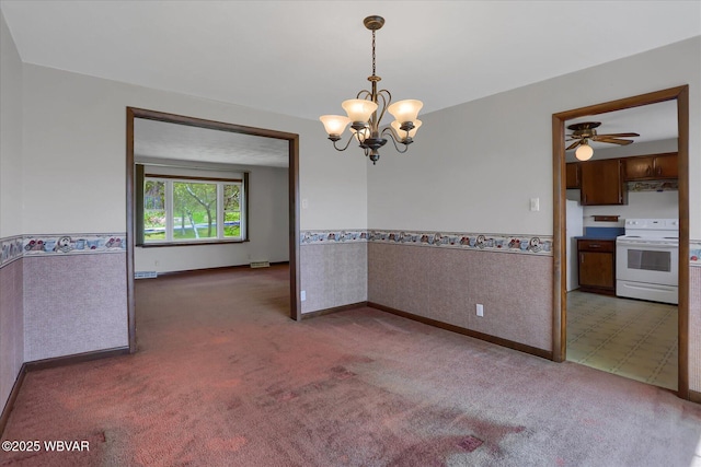 6553 Jacks Hollow Rd, Williamsport, PA 17702 - empty room with ceiling fan with notable chandelier, carpet floors, baseboards, and wainscoting