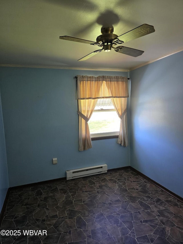 unfurnished room featuring a baseboard heating unit, stone finish flooring, ceiling fan, and crown molding