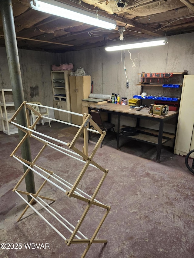 unfinished basement with a workshop area