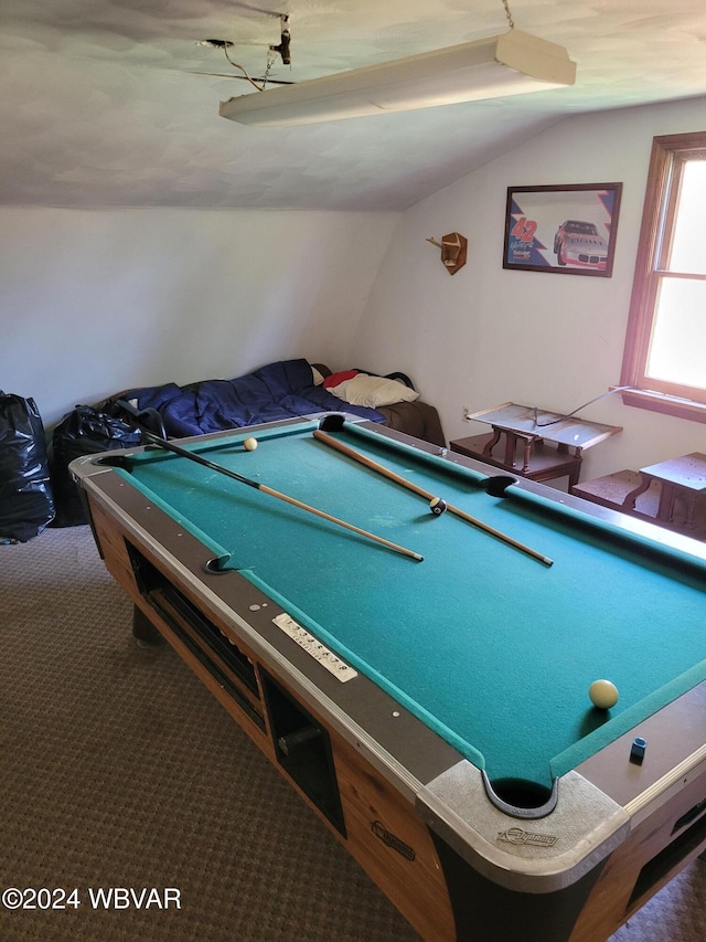 playroom with dark carpet, lofted ceiling, and pool table