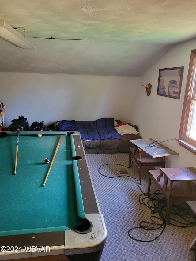 playroom with carpet floors, lofted ceiling, and pool table