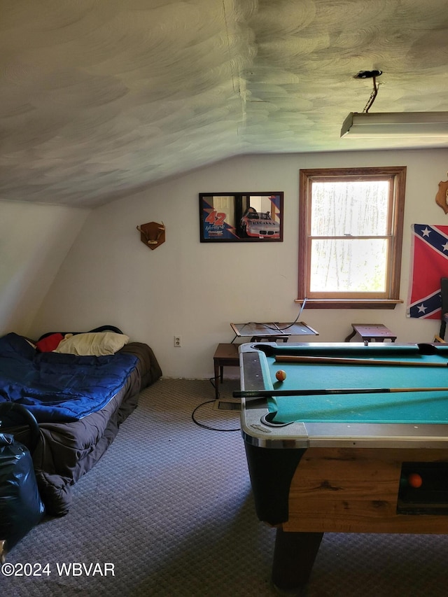 playroom featuring carpet floors and lofted ceiling