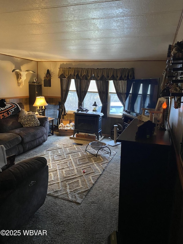 carpeted living room featuring a wainscoted wall, wood walls, and a textured ceiling