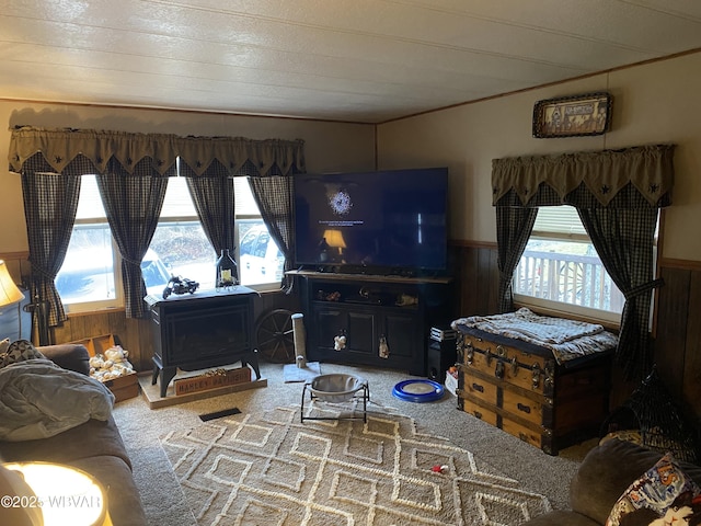 carpeted living room featuring ornamental molding, wainscoting, and wooden walls