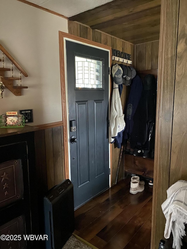 mudroom with wainscoting, dark wood-style floors, and wood walls