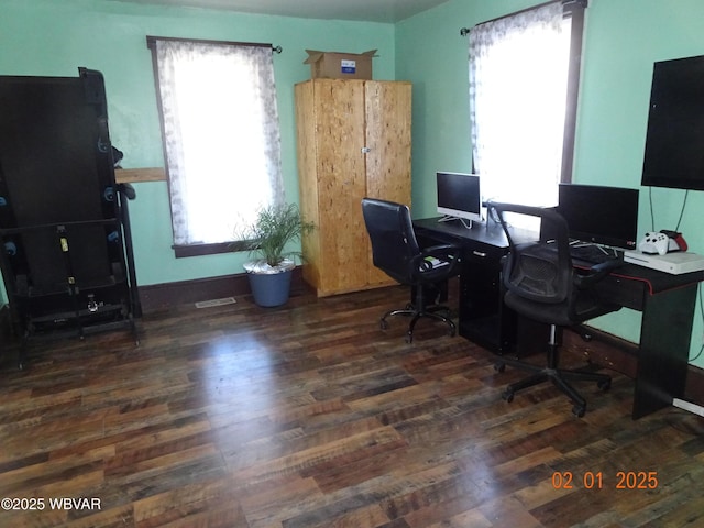 office area with dark hardwood / wood-style floors