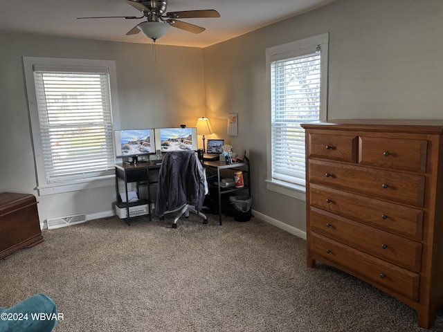 office with carpet floors, plenty of natural light, and ceiling fan