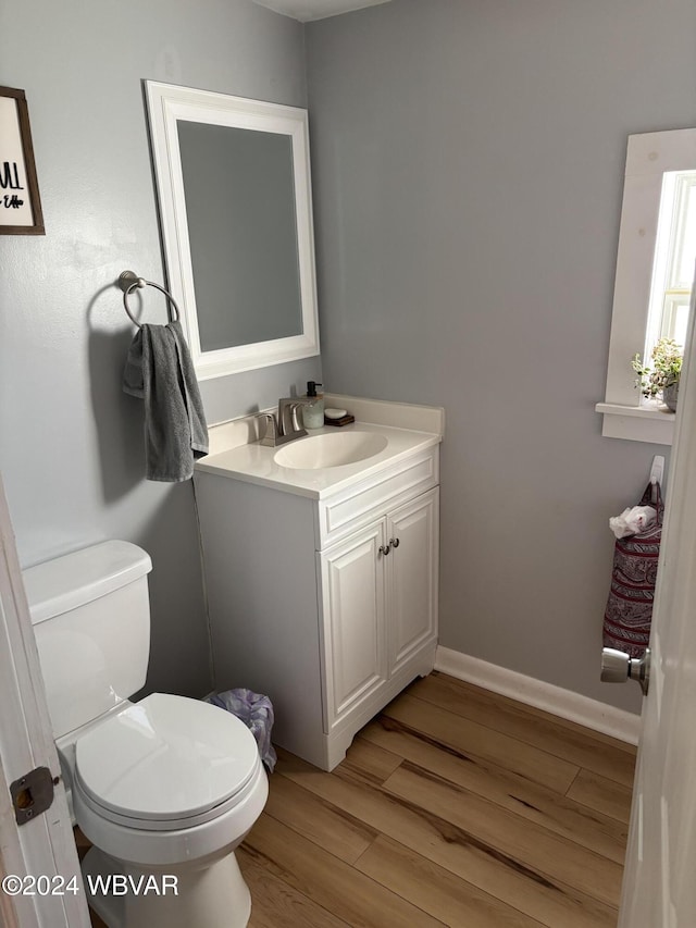 bathroom featuring hardwood / wood-style flooring, vanity, and toilet