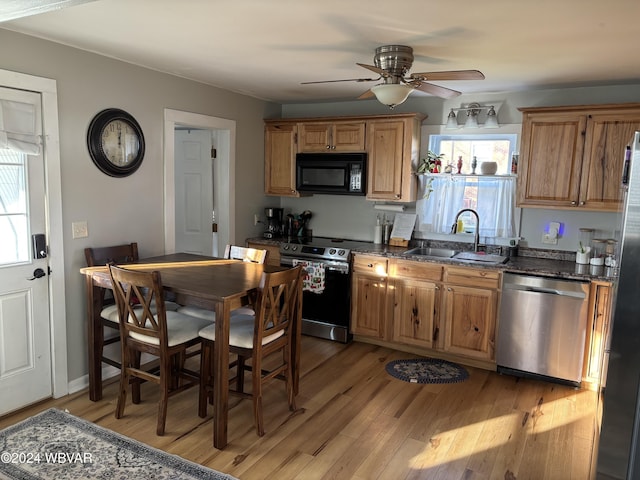 kitchen with plenty of natural light, sink, light wood-type flooring, and stainless steel appliances