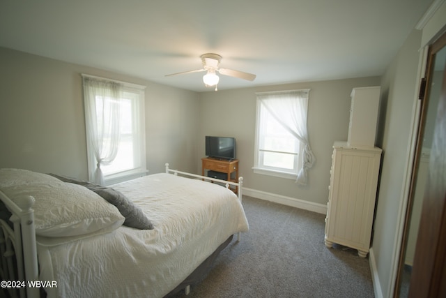 bedroom with ceiling fan, carpet floors, and multiple windows