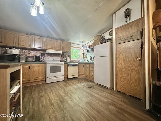 207 Bald Eagle Forest Rd, Blanchard, PA 16826 - kitchen featuring white appliances, under cabinet range hood, open shelves, wood finished floors, and vaulted ceiling