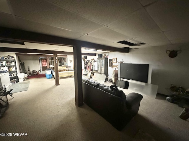 207 Bald Eagle Forest Rd, Blanchard, PA 16826 - carpeted living area featuring a drop ceiling