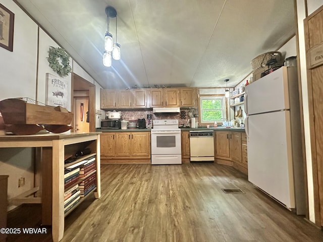 207 Bald Eagle Forest Rd, Blanchard, PA 16826 - kitchen with white appliances, wood finished floors, under cabinet range hood, pendant lighting, and dark countertops