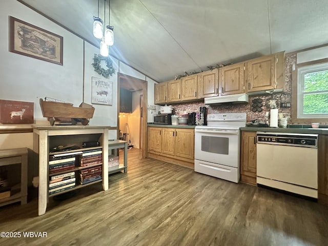 207 Bald Eagle Forest Rd, Blanchard, PA 16826 - kitchen featuring white appliances, under cabinet range hood, wood finished floors, lofted ceiling, and backsplash