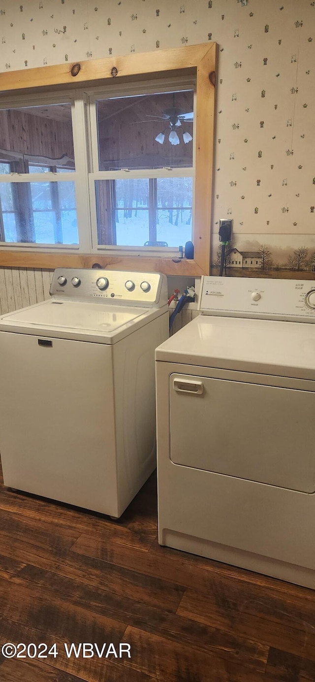 clothes washing area with dark wood-type flooring, a wealth of natural light, and washing machine and clothes dryer