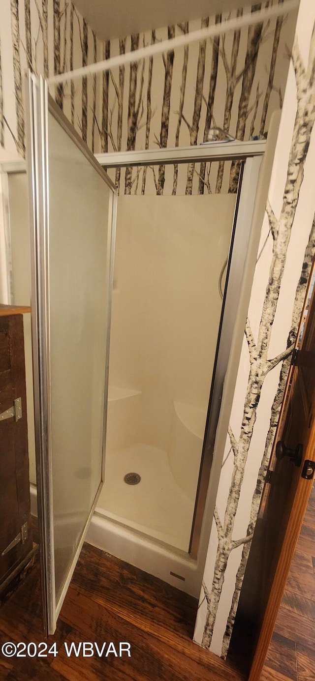 bathroom with wood-type flooring and a shower with shower door