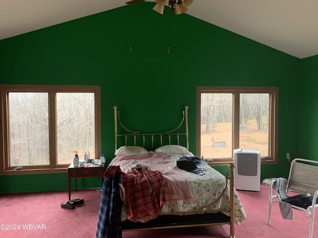 bedroom featuring carpet flooring, ceiling fan, and lofted ceiling