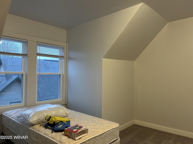 bedroom with dark colored carpet