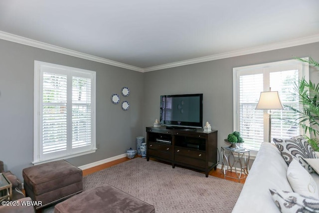 2528 N Hills Dr, Williamsport, PA 17701 - living area featuring wood finished floors, baseboards, crown molding, and a healthy amount of sunlight
