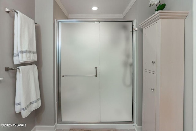 2528 N Hills Dr, Williamsport, PA 17701 - bathroom with crown molding and a stall shower