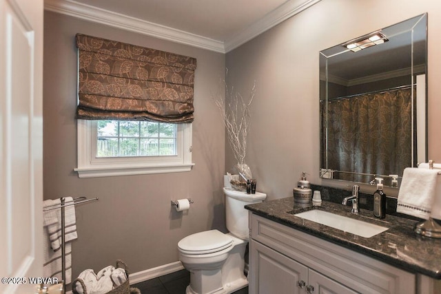2528 N Hills Dr, Williamsport, PA 17701 - bathroom with vanity, ornamental molding, toilet, tile patterned floors, and baseboards