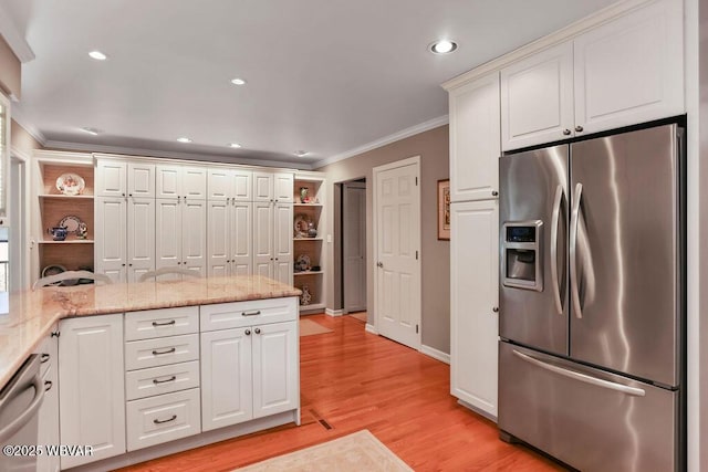 2528 N Hills Dr, Williamsport, PA 17701 - kitchen featuring white cabinetry, ornamental molding, appliances with stainless steel finishes, and light wood finished floors