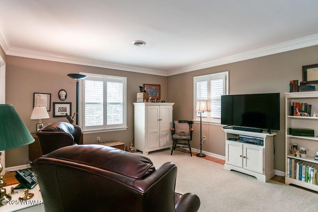 2528 N Hills Dr, Williamsport, PA 17701 - living area with visible vents, baseboards, and ornamental molding
